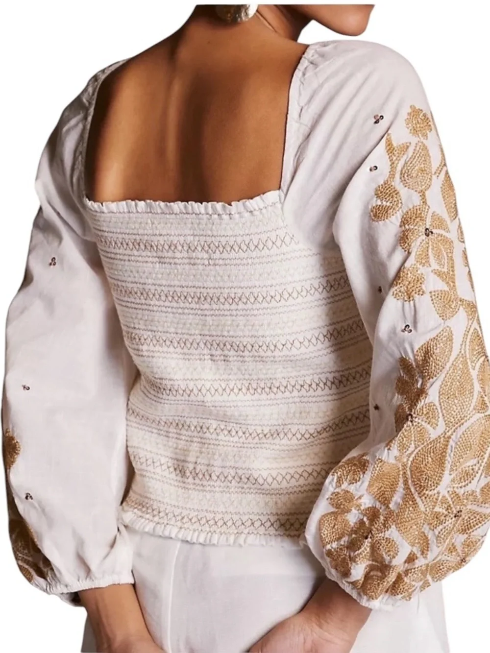 Anthropologie Cotton Embroidered Smocked Peasant Top Blouse Cream Brown Size XS